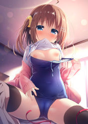 Rule 34 | 1girl, ahoge, black thighhighs, blue eyes, blue one-piece swimsuit, blush, breasts, brown hair, cameltoe, cardigan, closed mouth, clothes in mouth, clothes lift, clothes pull, commentary request, grey skirt, hair between eyes, hair ornament, hair scrunchie, hairclip, hanamiya natsuka, indoors, lifted by self, long hair, long sleeves, medium breasts, mouth hold, nipples, old school swimsuit, one-piece swimsuit, one-piece swimsuit pull, open cardigan, open clothes, original, pink cardigan, pleated skirt, school swimsuit, scrunchie, shirt, shirt in mouth, shirt lift, sitting, skirt, sleeves past wrists, solo, spread legs, sunlight, swimsuit, thighhighs, white shirt, window, x hair ornament, yellow scrunchie