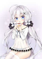 Rule 34 | 1girl, :o, absurdres, aged down, ahoge, arlene (ju), azur lane, blue eyes, blush, commentary request, covered navel, cup, dress, hair between eyes, hair ornament, hairclip, head tilt, highres, holding, holding cup, illustrious (azur lane), long hair, long sleeves, low twintails, mole, mole under eye, navel, panties, parted lips, see-through, silver hair, snowflakes, solo, striped clothes, striped panties, tea, teacup, thighhighs, twintails, underwear, very long hair, white dress, white thighhighs, x hair ornament