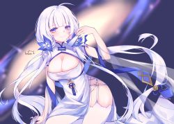 Rule 34 | 1girl, absurdres, azur lane, blue eyes, blush, breasts, china dress, chinese clothes, cleavage, dress, folding fan, garter straps, hair ornament, hand fan, highres, illustrious (azur lane), illustrious (maiden lily&#039;s radiance) (azur lane), kanayell, large breasts, long hair, looking at viewer, mole, mole under eye, ribbon, smile, solo, thighhighs, white dress, white hair, white thighhighs