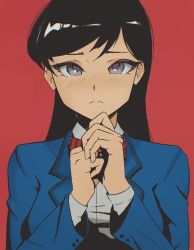 Rule 34 | 1girl, absurdres, black hair, blazer, blouse, blue jacket, bow, closed mouth, collared shirt, commentary, english commentary, highres, jacket, komi-san wa komyushou desu, komi shouko, lem, long hair, long sleeves, looking at viewer, purple eyes, red background, school uniform, shirt, simple background, solo, striped, striped bow, swept bangs, upper body, white shirt