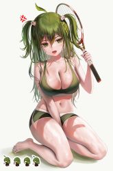 Rule 34 | 1girl, absurdres, ahoge, anger vein, animal hair ornament, bare shoulders, barefoot, between legs, bra, breasts, chibi, cleavage, collarbone, cup, dolphin shorts, drinking, fangs, full body, green bra, green eyes, green hair, green nails, hair between eyes, hair ornament, hand between legs, highres, holding, holding cup, kneeling, large breasts, leaf, leaf on head, long hair, looking to the side, multiple views, myabit, nail polish, navel, open mouth, original, racket, short shorts, short twintails, shorts, sports bra, sportswear, sweat, teacup, tennis racket, thighs, twintails, underwear, white background