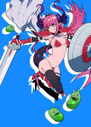 Rule 34 | 10s, armor, armpits, asymmetrical horns, bikini, bikini armor, black thighhighs, blue background, blue gemstone, cape, colored skin, curled horns, dragon girl, dragon horns, dragon tail, elizabeth bathory (brave) (fate), elizabeth bathory (fate), fate/extra, fate/extra ccc, fate (series), from side, full body, gem, green skin, highres, holding, holding sword, holding weapon, horns, jewelry, lam (ramdayo), leg tattoo, legs together, neck ring, pauldrons, pink hair, pointy ears, purple gemstone, red armor, red bikini, shield, shoulder armor, simple background, solo, star-shaped pupils, star (symbol), swimsuit, swodr, sword, symbol-shaped pupils, tail, tattoo, teeth, thighhighs, uneven horns, upper teeth only, weapon, white cape