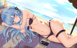 Rule 34 | 1girl, absurdres, bad id, bad pixiv id, beach, beach towel, bikini, black bikini, blue eyes, blue hair, blue sky, blush, breasts, cellphone, cloud, commentary request, cup, day, drink, drinking glass, drinking straw, food, fruit, grin, hair between eyes, highres, hololive, hoshimachi suisei, lens flare, long hair, looking at viewer, lying, multi-strapped bikini, navel, ocean, on side, orange (fruit), orange slice, parted lips, phone, shinigami kiraki, sky, small breasts, smartphone, smile, solo, star (symbol), star in eye, stomach, swimsuit, symbol in eye, thigh strap, towel, virtual youtuber