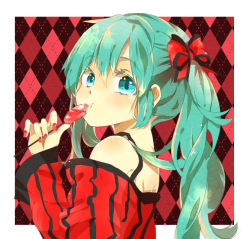 Rule 34 | 1girl, :t, aqua eyes, aqua hair, argyle, argyle background, argyle clothes, bad id, bad pixiv id, bare shoulders, bow, candy, colored eyelashes, food, from side, hair bow, hatsune miku, holding, lollipop, long hair, long sleeves, looking at viewer, lucarios, nail polish, outside border, red bow, red nails, solo, striped, upper body, vertical stripes, vocaloid