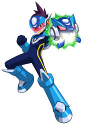 Rule 34 | 00s, 1boy, bodysuit, brown hair, cannon, capcom, geo stelar (mega man), glass, glowing, goggles, helmet, highres, holding, holding weapon, looking at viewer, male focus, mega man (series), mega man star force, official art, powering up, simple background, solo, weapon, white background