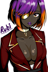 Rule 34 | absurdres, belt, blazer, breasts, choker, cleavage, cpt.tester works, dark-skinned female, dark skin, eyepatch, gold trim, highres, jacket, lips, lipstick, looking at viewer, makeup, medium breasts, medium hair, multicolored eyes, multicolored hair, open clothes, open jacket, open mouth, operator (warframe), orange eyes, orange hair, purple eyes, purple hair, rubi (cpt.tester), scar, scar on chest, warframe