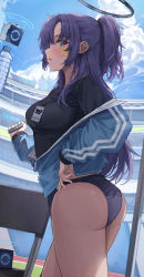 Rule 34 | 1girl, 2gong (9ujin ), absurdres, adjusting clothes, ass, black shirt, blue archive, blue buruma, blue jacket, blue sky, blush, bottle, breasts, buruma, cloud, commentary, cowboy shot, day, floating, floating object, from side, gym uniform, halo, hand up, highres, holding, id card, jacket, lanyard, long hair, long sleeves, looking at viewer, medium breasts, official alternate costume, outdoors, parted bangs, parted lips, partially unzipped, plastic bottle, ponytail, profile, purple eyes, purple hair, shirt, sidelocks, sideways glance, sky, solo, stadium, standing, star sticker, sticker on face, striped clothes, striped jacket, thighs, track jacket, two side up, water bottle, yuuka (blue archive), yuuka (track) (blue archive)