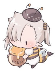 Rule 34 | 1girl, bee costume, black hat, black pantyhose, bloomers, blush, chibi, ear piercing, earrings, fake antennae, full body, grey hair, hair over one eye, hat, highres, holding, honey, honeypot, insect wings, ishikawa luna, jewelry, mini hat, nikki kyousuke, no shoes, original, pantyhose, piercing, pointy ears, puffy short sleeves, puffy sleeves, short sleeves, side ponytail, simple background, solo, standing, striped, stud earrings, transparent wings, underwear, white background, white bloomers, wings, | |