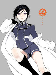 Rule 34 | 10s, 1boy, black gloves, black hair, black socks, buttons, double-breasted, gloves, grey background, looking at viewer, male focus, military, military uniform, necktie, parted lips, purple eyes, short hair, shorts, simple background, socks, solo, touken ranbu, uniform, yagen toushirou, zuwai kani