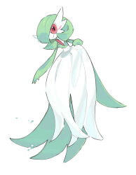Rule 34 | 1girl, blush, blush stickers, bob cut, closed mouth, colored skin, creatures (company), female focus, flat chest, full body, game freak, gardevoir, gen 3 pokemon, green hair, green skin, hair over one eye, hand up, happy, looking at viewer, multicolored skin, nintendo, one eye covered, pokemon, pokemon (creature), red eyes, short hair, simple background, smile, sok (mr14 c), solo, split mouth, two-tone skin, white background, white skin
