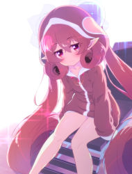 Rule 34 | 1girl, curly hair, highres, hood, jacket, legs, long hair, neneka (princess connect!), no pants, pink eyes, pink hair, pointy ears, princess connect!, red jacket, sitting, sleeves past wrists, smile, solo, split mouth, sw (taco), thighs, very long hair
