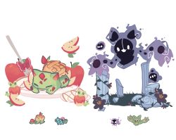 Rule 34 | apple, apple slice, appletun, applin, blank eyes, blush stickers, charamells, column, creature, creatures (company), duosion, closed eyes, fang, fangs, floating, food, fork, fruit, full body, fusion, game freak, gastly, gen 1 pokemon, gen 5 pokemon, gen 8 pokemon, ghost, ivysaur, looking at viewer, multiple fusions, nintendo, no humans, pillar, plate, pokemon, pokemon (creature), red ribbon, reuniclus, ribbon, ruins, simple background, solosis, standing, white background