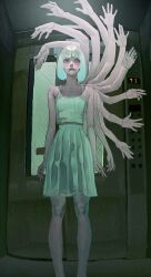 Rule 34 | 1girl, arms at sides, bare shoulders, bob cut, elevator, extra arms, green skirt, highres, looking to the side, medium hair, natari, original, pleated skirt, skirt, solo, spaghetti strap