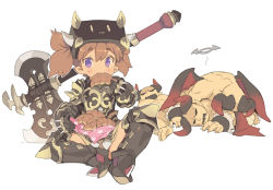 Rule 34 | 1girl, armor, axe, battle axe, blade (galaxist), blush, bread, brown hair, croissant, dark skin, demon, dwarf, eating, food, full body, gauntlets, giving up the ghost, pointy ears, pop-up story, purple eyes, quad tails, simple background, weapon, white background, ymir paaya