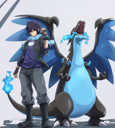 Rule 34 | 1boy, alain (pokemon), baggy pants, black footwear, black hair, black jacket, blue eyes, blue fire, blue scarf, boots, bracelet, charizard, closed mouth, commentary request, creatures (company), fingerless gloves, fire, flame-tipped tail, frown, full body, game freak, gen 1 pokemon, gloves, grey pants, hand up, highres, itsudzumi, jacket, jewelry, looking at viewer, male focus, mega charizard x, mega pokemon, nintendo, open clothes, open jacket, pants, pants tucked in, pokemon, pokemon (anime), pokemon xy (anime), scarf, shirt, short hair, standing