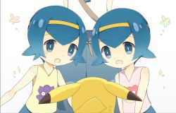 Rule 34 | 10s, 2girls, 3girls, bare shoulders, blue eyes, blue hair, blue pants, blunt bangs, bright pupils, child, creatures (company), game freak, gen 1 pokemon, hairband, harper (pokemon), headband, lana (pokemon), multiple girls, nintendo, open mouth, pants, pikachu, pink shirt, pokemon, pokemon (anime), pokemon (creature), pokemon sm, pokemon sm (anime), sarah (pokemon), school uniform, serafuku, shellder, shira yu ki, shirt, short hair, siblings, simple background, sisters, sleeveless, slowpoke, sweatdrop, tank top, trial captain, twins, upper body, white pupils, yellow shirt