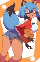 Rule 34 | 1girl, alternate breast size, animal ears, animal nose, artist name, ball, basketball, basketball (object), blue hair, blue shorts, brand new animal, breasts, commentary, english commentary, from behind, furry, furry female, green eyes, highres, holding, holding ball, jacket, jellcaps, kagemori michiru, large breasts, looking at viewer, open mouth, raccoon ears, raccoon girl, raccoon tail, red jacket, short hair, shorts, smile, snout, solo, tail, thighs, track jacket