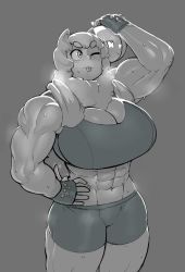 Rule 34 | 1girl, abs, animal ears, arm up, biceps, black gloves, black shorts, black sports bra, breasts, cleavage, cowboy shot, dog ears, dog tail, felicia (krekkov), fingerless gloves, gloves, grey background, greyscale, hand on own hip, highres, huge breasts, krekkov, monochrome, muscular, muscular female, one eye closed, original, shorts, simple background, solo, sports bra, sweat, tail, tongue, tongue out