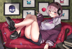 Rule 34 | 10s, 1girl, ass, bare legs, black footwear, black skirt, blush, bob cut, book, book stack, bow, bowtie, breasts, bug, butterfly, button gap, closed mouth, collared shirt, couch, day, full body, glasses, gridman universe, headphones, highres, indoors, insect, jacket, knees together feet apart, konata (knt banri), large breasts, legs up, light particles, loafers, long sleeves, looking at viewer, looking to the side, miniskirt, no socks, off shoulder, on couch, panties, pantyshot, photo (object), picture frame, pink hair, purple bow, purple bowtie, purple jacket, reclining, red-framed eyewear, red eyes, semi-rimless eyewear, shinjou akane, shirt, shoes, short hair, skirt, sleeves past wrists, smile, solo, ssss.gridman, thighs, under-rim eyewear, underwear, white panties, white shirt