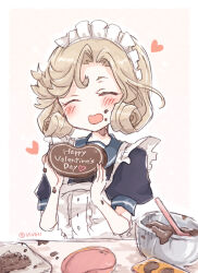 Rule 34 | 1girl, apron, blonde hair, blue sailor collar, blush, chocolate, closed eyes, dress, food, food on face, happy valentine, headdress, heart, holding, holding chocolate, holding food, janus (kancolle), kantai collection, miko (35nikomi), mixing bowl, open mouth, puffy short sleeves, puffy sleeves, sailor collar, sailor dress, short hair, short sleeves, smile, solo, twitter username, valentine, white apron, white dress