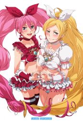 Rule 34 | 10s, 2girls, asymmetrical docking, bad id, bad pixiv id, blonde hair, bow, breast press, breasts, brooch, choker, copyright name, cure melody, cure rhythm, dress, eyelashes, heart, heart hands, heart hands duo, houjou hibiki, jaga note, jewelry, long hair, magical girl, medium breasts, midriff, minamino kanade, multiple girls, pink bow, precure, ribbon, skirt, suite precure, thighhighs, twintails, underboob, white background, white choker, white dress, white skirt