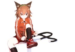 Rule 34 | 1girl, adidas, alternate costume, animal ears, bad id, bad twitter id, black socks, brown eyes, brown hair, cat ears, cat girl, cat tail, chen, chromatic aberration, earrings, hairband, jacket, jewelry, kinketsu, multiple tails, pants, red footwear, red pants, shoes, short hair, shorts, simple background, single earring, sitting, smile, sneakers, socks, solo, tail, touhou, track jacket, two tails, tying shoes, white background