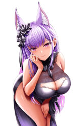 Rule 34 | 1girl, absurdres, animal ear fluff, animal ears, bent over, black dress, breast cutout, breasts, curvy, dress, feet out of frame, female focus, flower, fox ears, hair flower, hair ornament, hand on own cheek, hand on own face, highres, kamishiro natsume, large breasts, lips, long hair, looking at viewer, melty+, nail polish, purple eyes, purple hair, purple nails, rose, shiina nami, sidelocks, simple background, smile, solo, standing, thighs, very long hair, virtual youtuber, white background, wide hips