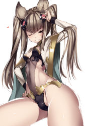 Rule 34 | 10s, 1girl, ;), \m/, animal ears, bad id, bad pixiv id, blush, breasts, brown eyes, cat ears, cleavage, covered navel, cowboy shot, erune, granblue fantasy, grin, hair ornament, hand on own hip, heart, leotard, light brown hair, long hair, long sleeves, looking at viewer, metera (granblue fantasy), midriff, nenemaru, one eye closed, ribs, see-through, sidelocks, simple background, small breasts, smile, solo, thighs, tsurime, twintails, white background