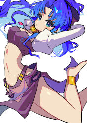 1girl absurdres anklet arms_behind_head arms_up barefoot blue_eyes blue_hair blush bow breasts gold_choker highres jewelry long_hair looking_at_viewer medium_breasts navel offbeat pendant purple_bow puyopuyo rulue_(puyopuyo) solo stomach thighs white_sleeves