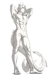 Rule 34 | 1boy, abs, absurdres, arknights, arms up, bara, boxers, chong yue (arknights), closed mouth, commentary request, dragon boy, dragon horns, dragon tail, earrings, full body, highres, horns, jewelry, long tail, male focus, male underwear, nipples, okonon (kado colda), pointy ears, short hair, simple background, solo, tail, toned, toned male, underwear, white background
