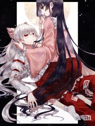 Rule 34 | 2girls, black background, black eyes, black hair, bow, colored eyelashes, commentary request, eye contact, feet out of frame, frilled shirt collar, frilled sleeves, frills, fujiwara no mokou, grabbing another&#039;s hair, hair between eyes, hair bow, hand up, highres, houraisan kaguya, juliet sleeves, katai (nekoneko0720), kneeling, light particles, long hair, long sleeves, looking at another, looking up, lying, multiple girls, no shoes, ofuda, on back, pants, parted lips, petticoat, pink shirt, profile, puffy sleeves, red eyes, red pants, red skirt, shirt, silver hair, skirt, smile, socks, suspenders, suspenders slip, touhou, two-tone background, very long hair, white background, white bow, white legwear, white shirt, wide sleeves, yuri