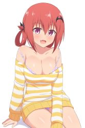 Rule 34 | 1girl, black ribbon, blouse, blush, breasts, cleavage, dress, fang, gabriel dropout, hair between eyes, highres, large breasts, long hair, looking at viewer, medium breasts, nyaroon, open mouth, panties, pantyshot, purple eyes, purple panties, red hair, ribbon, ribbon hair, satanichia kurumizawa mcdowell, shirt, simple background, sitting, smile, solo, striped clothes, striped shirt, thighs, underwear, white background