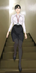 Rule 34 | 1girl, amano ameno, black footwear, black hair, black pantyhose, blue eyes, blush, breasts, collared shirt, glasses, highres, id card, mind control, name tag, original, pantyhose, parted lips, pencil skirt, shirt, shirt tucked in, skirt, solo, stairs