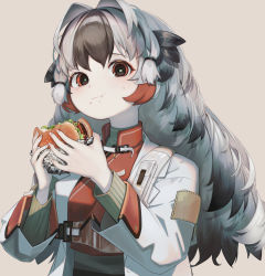 Rule 34 | 1girl, :t, arknights, black hair, brown eyes, burger, closed mouth, food, food on face, hair intakes, highres, holding, holding food, jacket, layered sleeves, long hair, long sleeves, looking at viewer, multicolored hair, open clothes, open jacket, simple background, snowsant (arknights), solo, timitarcat, two-tone hair, upper body, white hair, white jacket