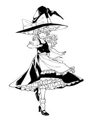 Rule 34 | 1girl, absurdres, apron, black footwear, black hat, black skirt, black vest, bow, braid, closed eyes, commentary request, facing viewer, full body, greyscale, hair bow, hat, hat bow, high heels, highres, kirisame marisa, long hair, monochrome, natsume (menthol), shirt, shoes, short sleeves, simple background, single braid, skirt, smile, solo, standing, standing on one leg, touhou, vest, waist apron, white background, white legwear, white shirt, witch hat