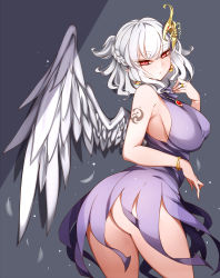 Rule 34 | 1girl, absurdres, ass, bangle, blush, bracelet, braid, breasts, dress, earrings, hair ornament, highres, jewelry, kishin sagume, large breasts, looking at viewer, looking back, no panties, pointy ears, purple dress, raptor7, red eyes, ring, short hair, single wing, sleeveless, sleeveless dress, solo, tattoo, thighs, touhou, white hair, wings