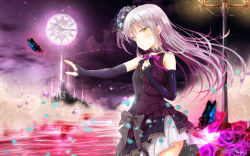 Rule 34 | bang dream!, bug, butterfly, detached sleeves, floating hair, flower, hair between eyes, highres, insect, lolita fashion, long hair, masa (mirage77), minato yukina, neck ribbon, night, outdoors, pleated skirt, purple flower, purple ribbon, purple rose, ribbon, rose, silver hair, skirt, solo, very long hair, white skirt, yellow eyes