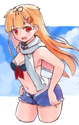Rule 34 | 1girl, bikini, black bikini, black ribbon, blonde hair, blue shorts, blue sky, breasts, cloud, commentary request, cropped legs, denim, denim shorts, hair flaps, hair ornament, hair ribbon, hairclip, highres, kantai collection, long hair, looking at viewer, medium breasts, open fly, poipoi purin, red eyes, ribbon, scarf, shorts, sky, smile, solo, swimsuit, white scarf, yuudachi (kancolle), yuudachi kai ni (kancolle)