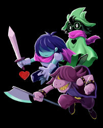 Rule 34 | :|, ahoge, axe, black background, blue hair, blue skin, cape, clenched hand, closed mouth, colored sclera, colored skin, covered mouth, deltarune, fighting stance, funtarunta, glasses, gloves, green-framed eyewear, green cape, green hat, grin, hair over eyes, hair over one eye, hat, heart, highres, holding, holding sword, holding weapon, kris (deltarune), pants, pink scarf, ralsei, scarf, sharp teeth, simple background, smile, studded bracelet, susie (deltarune), sword, teeth, weapon, white gloves, yellow sclera, yellow teeth