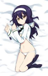 Rule 34 | 10s, 1girl, bed sheet, black hair, black neckerchief, blouse, brown eyes, closed mouth, clothes lift, fankupl, frown, full body, girls und panzer, hairband, highres, long hair, long sleeves, looking at viewer, lying, navel, neckerchief, no pants, on back, on bed, on side, ooarai school uniform, panties, reizei mako, school uniform, serafuku, shirt, shirt lift, solo, thigh gap, underwear, white hairband, white panties, white shirt