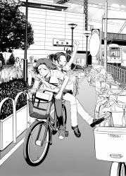 Rule 34 | 1boy, 1girl, :d, ^ ^, arm around waist, arm up, bag, basket, bicycle, blank speech bubble, building, closed eyes, couple, greyscale, hetero, highres, kneehighs, lamppost, light frown, loafers, long hair, monochrome, multiple riders, okano hajime, open mouth, original, outdoors, plant, railing, railroad tracks, real world location, riding, school bag, school uniform, shoes, short sleeves, sidesaddle, sidewalk, skirt, smile, sneakers, socks, speech bubble, squiggle, teeth, train, train station, tree, twintails