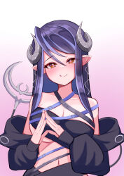 Rule 34 | 1girl, :q, absurdres, bandeau, belt, black bandeau, black belt, black hair, black jacket, blue belt, blush, breasts, brown eyes, chest belt, cleavage, closed mouth, commentary request, curled horns, demon girl, demon horns, demon tail, gradient background, grey horns, hair between eyes, heart, heart-shaped pupils, hebiyoi tier, hebiyoi tier (1st costume), highres, horns, jacket, large breasts, long hair, long sleeves, looking at viewer, multicolored hair, nanashi inc., navel, off shoulder, pink background, pointy ears, purple hair, smile, snake bite, solo, steepled fingers, sugar lyric, symbol-shaped pupils, tail, tongue, tongue out, two-tone hair, underboob, upper body, virtual youtuber, yomusu