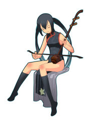Rule 34 | 1girl, black hair, cao-cao, china dress, chinese clothes, dress, erhu, closed eyes, instrument, k-on!, legs, long hair, nakano azusa, solo, twintails