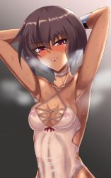 Rule 34 | 1girl, alternate hairstyle, arms up, artist request, bare legs, blush, breasts, brown hair, cleavage, dark-skinned female, dark skin, heavy breathing, highleg, highleg swimsuit, highres, lips, looking at viewer, mizuki yukikaze, mizuki yukikaze (future), nipples, official alternate costume, one-piece swimsuit, pink eyes, shiny clothes, shiny skin, short hair, simple background, small breasts, solo, steaming body, swimsuit, taimanin (series), taimanin rpgx, taimanin yukikaze, transparent, white one-piece swimsuit