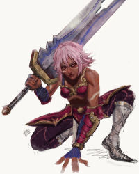 Rule 34 | .hack//, 1girl, armor, azure meraki, bikini armor, black rose (.hack//), blue gloves, boots, closed mouth, dated, fingerless gloves, gloves, highres, holding, holding sword, holding weapon, looking at viewer, on one knee, pants, pink hair, purple pants, red eyes, signature, simple background, smile, solo, sword, weapon, white background