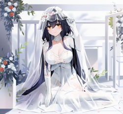 Rule 34 | 1girl, azuma (azur lane), azuma (lily-white longing) (azur lane), azur lane, black hair, breasts, bridal veil, brown eyes, cleavage, closed mouth, collarbone, dress, elbow gloves, eyeliner, flower, gloves, hair between eyes, highres, large breasts, long hair, looking at viewer, official alternate costume, qing wu, red eyeliner, red flower, red rose, rose, see-through, see-through dress, see-through sleeves, sidelocks, sitting, smile, solo, thighhighs, veil, wedding dress, white dress, white gloves, white thighhighs
