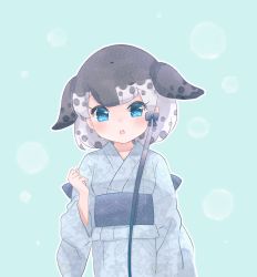 Rule 34 | 1girl, alternate costume, back bow, blowhole, blue bow, blue eyes, blue kimono, bow, commentary request, grey hair, hair bow, highres, japanese clothes, kemono friends, kimono, kuromitsu (9633 kmfr), looking at viewer, multicolored hair, narwhal (kemono friends), short hair, short hair with long locks, solo, upper body