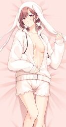 Rule 34 | 1girl, ae iueo, animal hood, breasts, breasts apart, brown hair, highres, higuchi madoka, hood, hoodie, idolmaster, idolmaster shiny colors, looking at viewer, lying, medium breasts, mole, mole under eye, navel, on back, partially unzipped, rabbit hood, short twintails, shorts, solo, twintails, white hoodie, white shorts