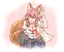 Rule 34 | 10s, 1girl, animal ear fluff, animal ears, blush, breasts, cleavage, clothes around waist, fate/extella, fate/extra, fate/grand order, fate (series), fox, fox ears, fox tail, highres, jacket, jacket around waist, large breasts, long hair, looking at viewer, official alternate costume, pink hair, riku hamano, school uniform, shirt, skirt, smile, solo, tail, tamamo (fate), tamamo no mae (jk) (fate), twintails, unbuttoned, yellow eyes