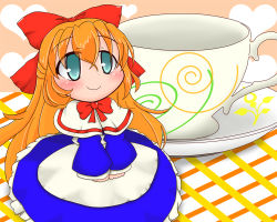 Rule 34 | 1girl, apron, bad id, bad pixiv id, blue eyes, blush, bow, capelet, cup, dress, female focus, hair bow, heart, long hair, looking up, o omune (kagu8), orange hair, pink background, saucer, shanghai doll, sleeves past wrists, smile, solo, tablecloth, teacup, touhou, v arms, waist apron